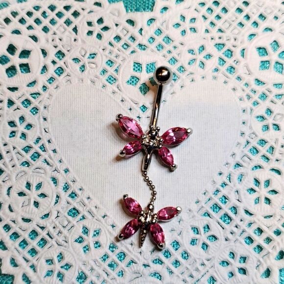Pink Crystal Drop Dangle Butterfly Belly Ring 923  - Picture 1 of 4